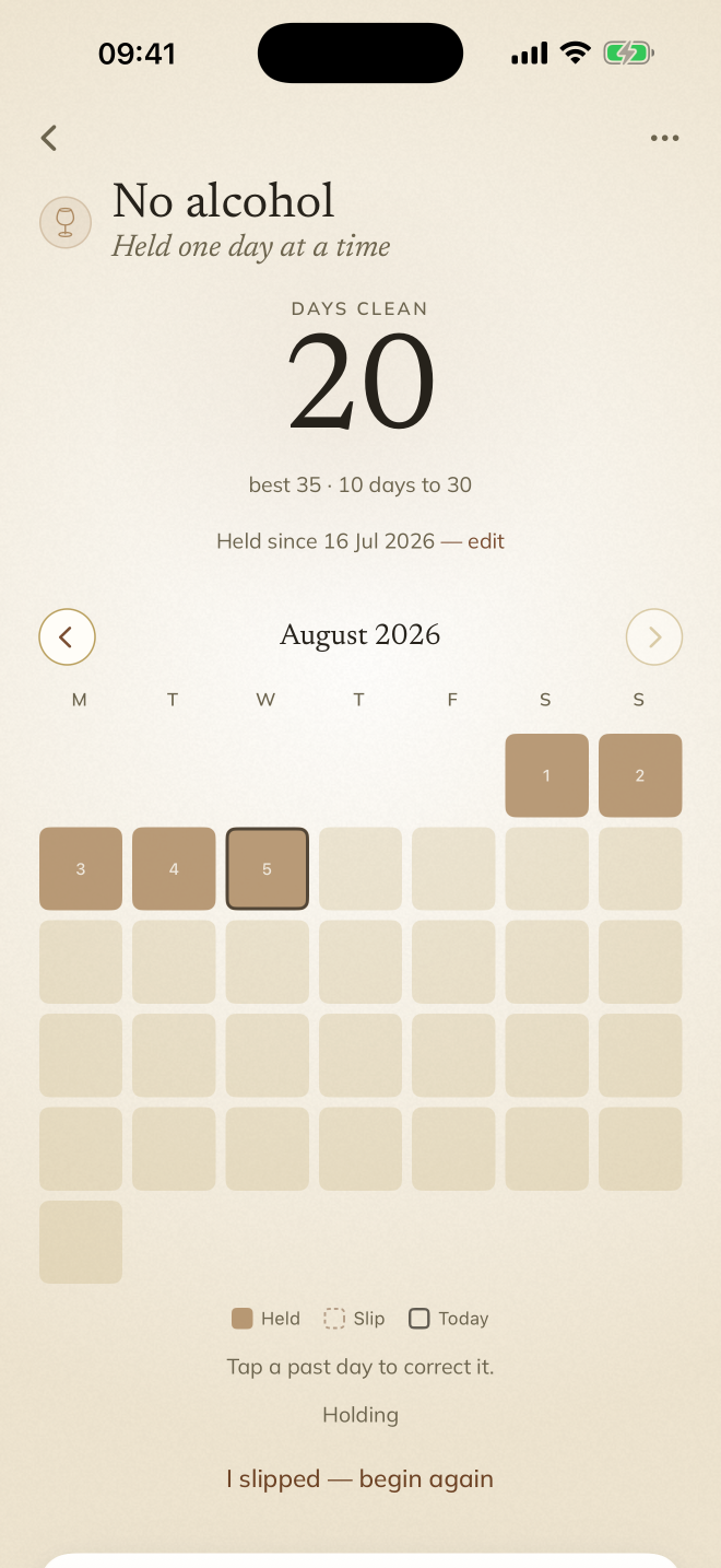 No alcohol calendar with held days and instructions to tap a past day to correct it