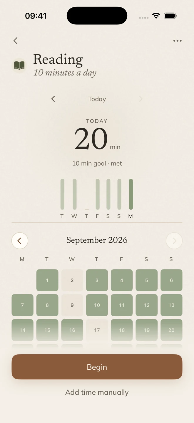 Reading practice with 20 minutes logged today and its session timer ready to begin