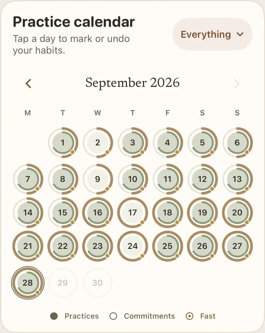 Practice calendar for September in Monk, crop of a real app screen