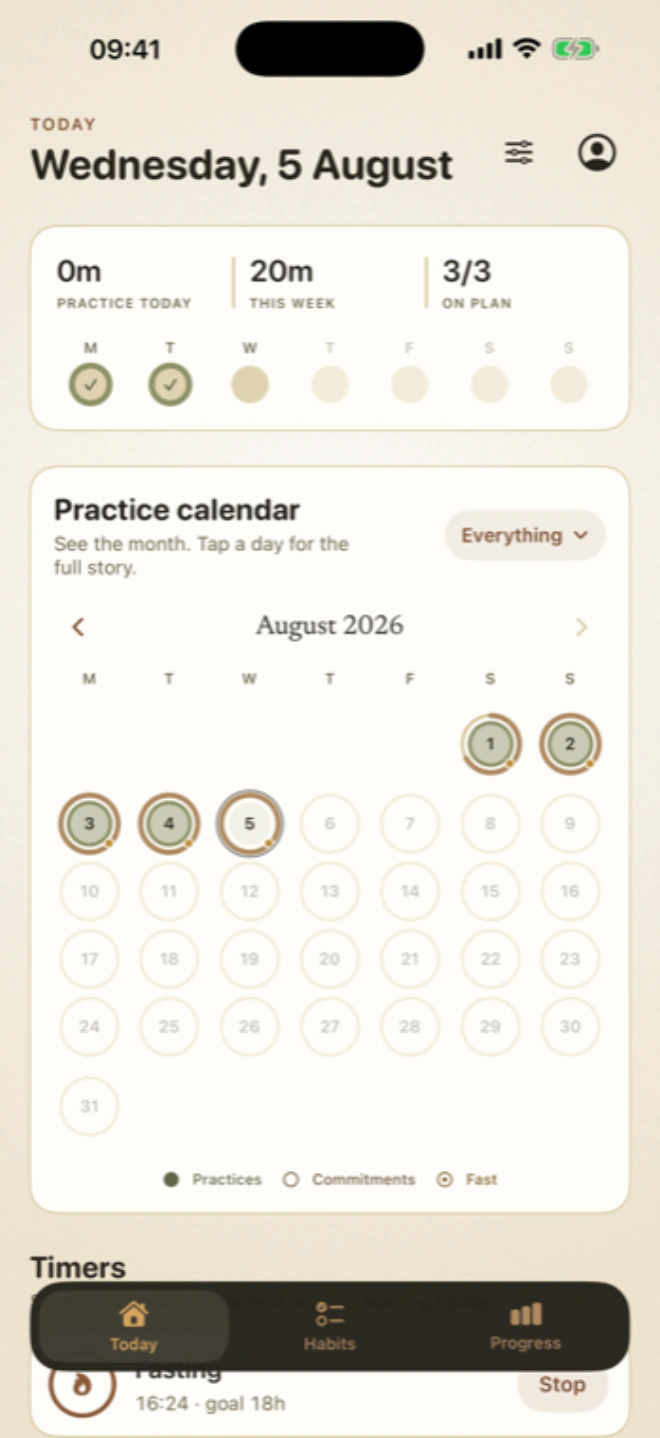 Monk Today screen bringing habits and active fasts into one calm overview