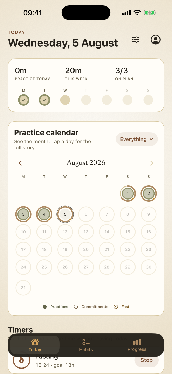 Monk Today screen showing the weekly practice summary and tappable calendar